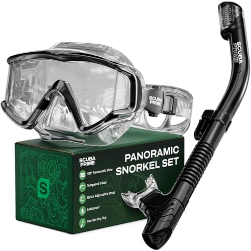 Scuba Prime Pano 3 180° Panoramic Dive Mask, Three-Window Tempered Glass Scuba Mask with Dry Top Snorkel, Dual-Layer Silicone Skirt Anti-Leak Diving Gear for Men Women Teens Adults, Crystal Clear