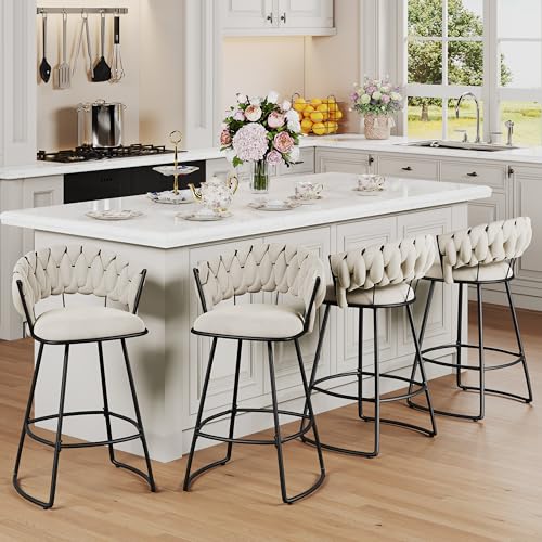 Butacos de Barra Modernos Yongchuang, Set de 2 Unidades, Asiento Grande Tapizado en Terciopelo, Espalda Tejida, Altura para Isla de Cocina, Color Marfil miniatura 5
