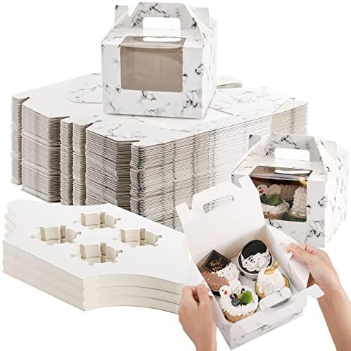 ZEAYEA 40 Pack 4 Count Cupcake Boxes with Window and Handle, Cupcake Holders Bakery Carrier Boxes with Windows and Inserts for Cupcakes, Muffins and Pastries