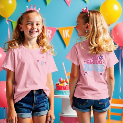 Image of 9th Birthday Shirt Girl On Cloud Nine Graphic Tee 9 Year Old Birthday Party T-Shirt Girl Summer Short Sleeve Top