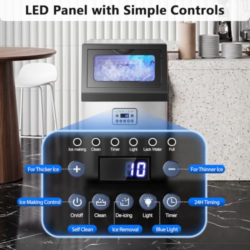 Image of 80lbs Commercial Ice Machine, 18lbs Storage for Bar and Kitchen | 13 thickness levels, 10-min auto self-clean, 24H timer, LED panel, and quick water hookup - effortless daily use.