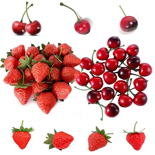 JINJUMEI 40 Piezas Frutas de Plastico, Artificiales Natural Fresas, Cerezas Artificiales Frutas, Fresas Realistas Rojas Artificiales para La Decoración del Hogar, Cocina, Fiesta