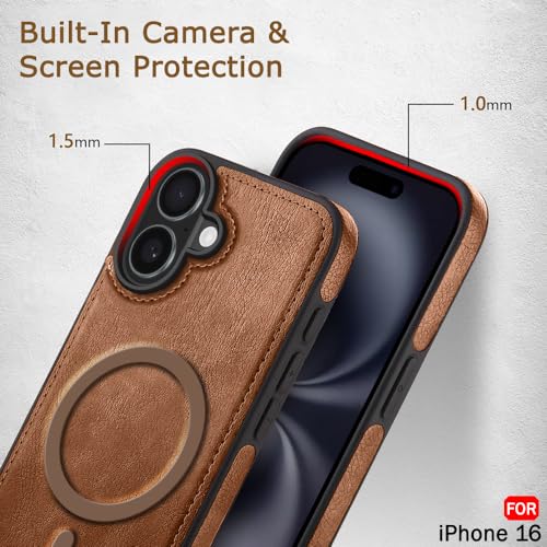 Image of TheGiftKart Genuine Leather Finish Back Cover Case for iPhone 16 | Shockproof Design | Raised Edges for Camera & Screen Protection | Stunning Minimalist Design Case Cover (Compatible MagSafe, Brown)