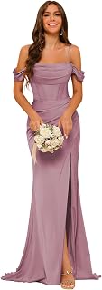 Clothfun Elegant Off The Shoulder Satin Bridesmaid Dress Long Mermaid Corset Prom Dress for Women Formal Gown CY089