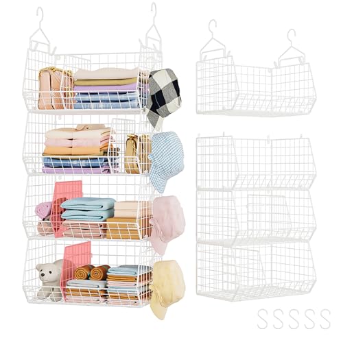 4 Tier Extra Large Hanging Closet Organizer ,Closet Organizer Hanging with 5 S Hooks 4 Dividers,Clothes Organizer Clothing Sweaters Clutches Handbags Hats Accessories-White