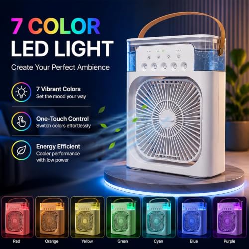Image of MiNi aIr cOoLeR MiSt fAn pOrTaBlE HuMiDiFiEr mInI CoOlEr fOr hOmE 3 sPeEd mOdE WiTh wAtEr sPrAy, 7 CoLoR LeD AnD TiMeR, uSb pErSoNaL CoOlEr dEsK FaN TiMeR (MuLtY CoLoR)