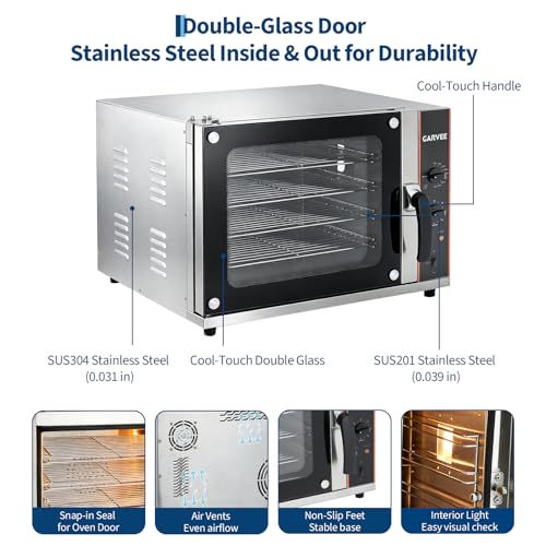 Image of Garvee Commercial Convection Oven Countertop, 68L /60Qt, 1750W Toaster, 4-Tier Electric Oven w /Front Glass Door, Trays Wire Racks Clip Gloves, 120V