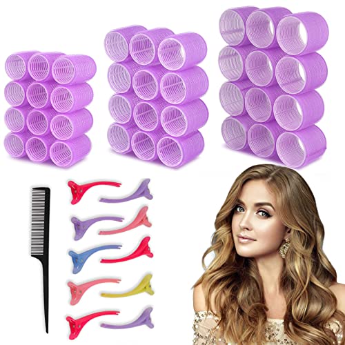 Hair Rollers for Long Hair, 47Pcs Jumbo Large Velcro Rollers Hair Curlers for Long Medium Short Hair Self Grip No Heat 3 Sizes with Clips Comb(Purple)