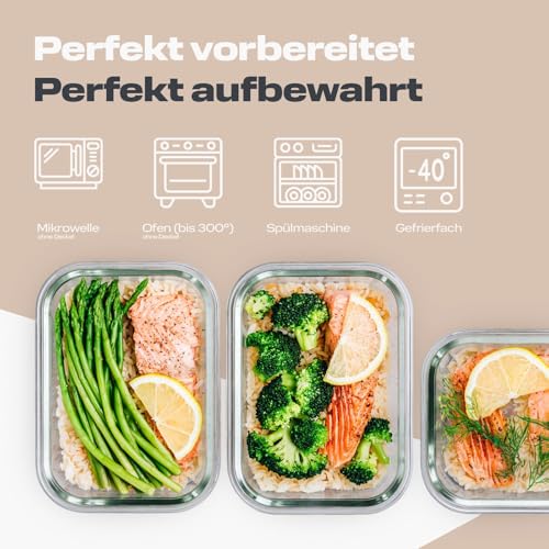 Eaze Life Meal Prep Box Szklane pojemniki na zapasy z pokrywką, 2 przegródki z hermetyczną przegrodą, nie zawiera BPA, odporne na wysokie temperatury, nadają się do mikrofalówki i zamrażarki, 3 szt
