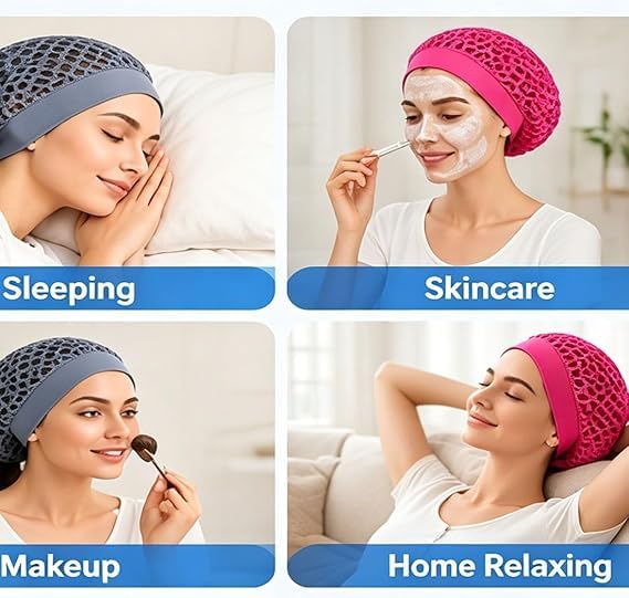 Generico Set di 3 pezzi composto da cuffia da notte elasticizzata a fascia larga, cuffia morbida protettiva per la cura dei capelli durante la notte e cuffia da doccia per il bagno,C