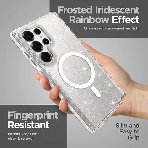 Image of Magnetic Case for Samsung Galaxy S25 Ultra [Compatible with Magsafe] [Bling Glitter Fluorescent Design] [1 Screen Protector] Slim Translucent Matte Case for Galaxy S25 Ultra 6.9 inch, White