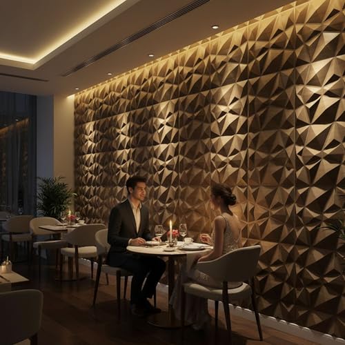 Image of Kayra Decor Wall Panels for Bedroom - PVC Diamond Design, Gold Color 19.7 inch X 19.7 inch (Pack of 12) - Covers 32.34 Sq. Ft.