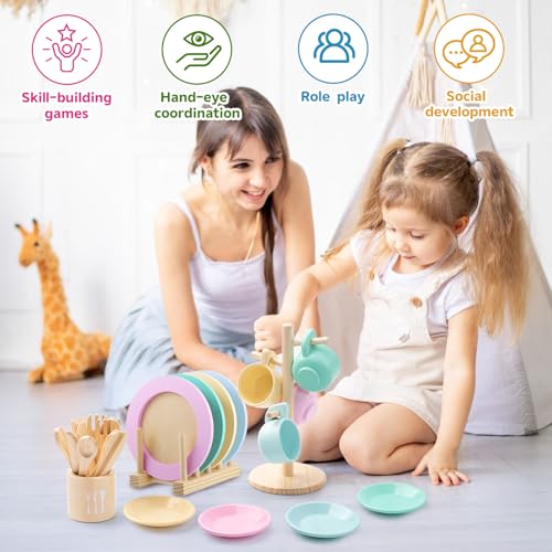 Image of GAGAKU Kids Wooden Play Dishes Set -27Pcs Montessori Play Kitchen Accessories Plates and Bowls Set, Storage Stand & Play Food, Pretend Cooking Toys for Ages 3-5, Educational Gift for Toddler