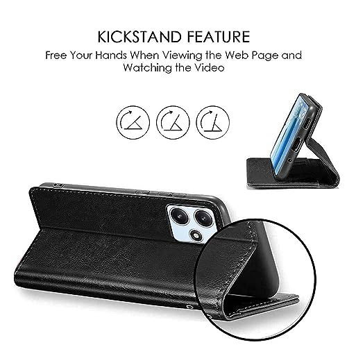 Image of WOW IMAGINE Shock Proof Flip Cover Back Case Cover for Mi Redmi 12 5G | Redmi 12 4G | Poco M6 Pro 5G (Flexible | Leather Finish | Card Pockets Wallet & Stand | Black)