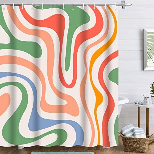 Retro Shower Curtain Aesthetic Shower Curtain 72Wx72L Inch 70s Shower Curtain Cute Shower Curtain Vintage Colorful Groovy Wavy Swirl Funky Trendy 60s Abstract Boho Waterproof Polyester Fabric 12 Hooks