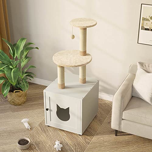 Favepaw Cat Litter Box Enclosure, Cat Tree With Litter Box Enclosure, Cat Litter Box Furniture With Cat Tree Tower And Condo, Indoor Cat House With Sisal Scratching Post And Soft Plush Perch, White #TOP2