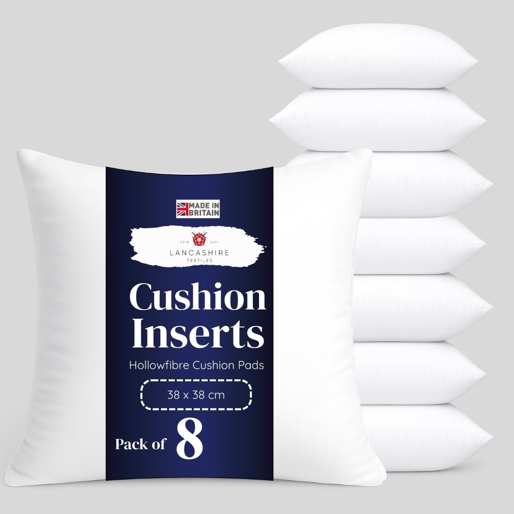 Lancashire Textiles Pack Of 8 8 Pack 15" X 15” (38 X 38Cm) Quality Microfibre Super Bounce Fibre Cushion Pads Made In Britain With Cotton Blend Casing & Our Luxury Hollowfibre Filling