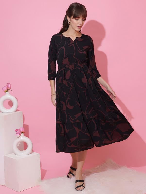 Image of Sheetal Associates Women's Casual 3 /4 Sleeve Crepe Fit and Flare Dress| Comfortable Relaxed Fit Summer Party Dress