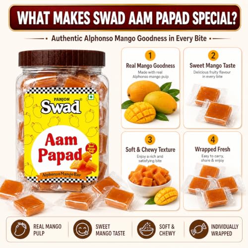 Image of Panjon Swad Aam Papad Candy - Real Mango Pulp Toffee,Sweet Mango Flavor Treats,320g jar