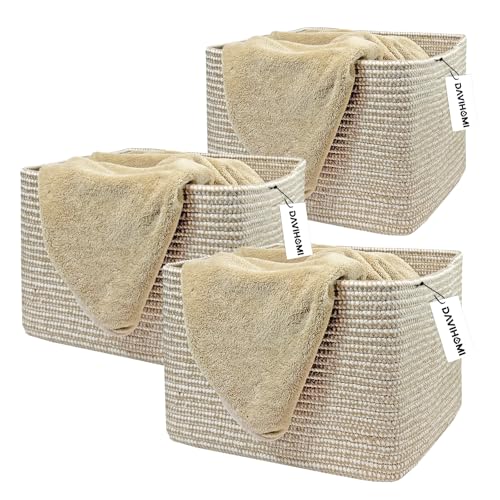 Image of 3Pack Small Woven Cotton Rope Basket for Organizing, Gift Baskets for Handles, Empty Gift Baskets, Toy Basket for bins|13.5 inch x 11 inch x 9.5 inch home decor for Living Room, Bathroom（Flax and White）
