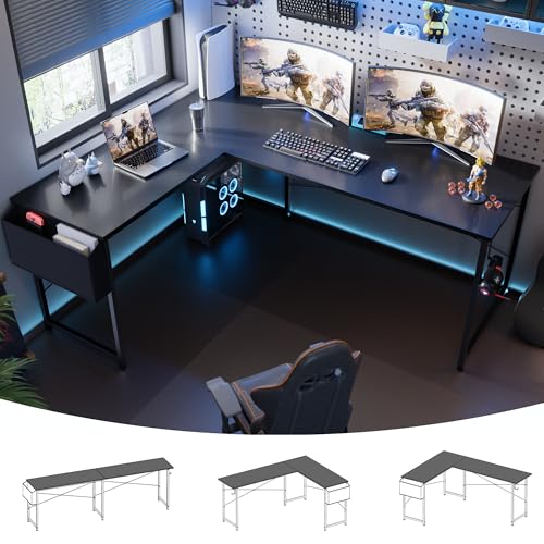 Pamray 64.5 Inch Reversible L Shaped Gaming Desk Large Corner Computer Desk with Storage Bag Home...