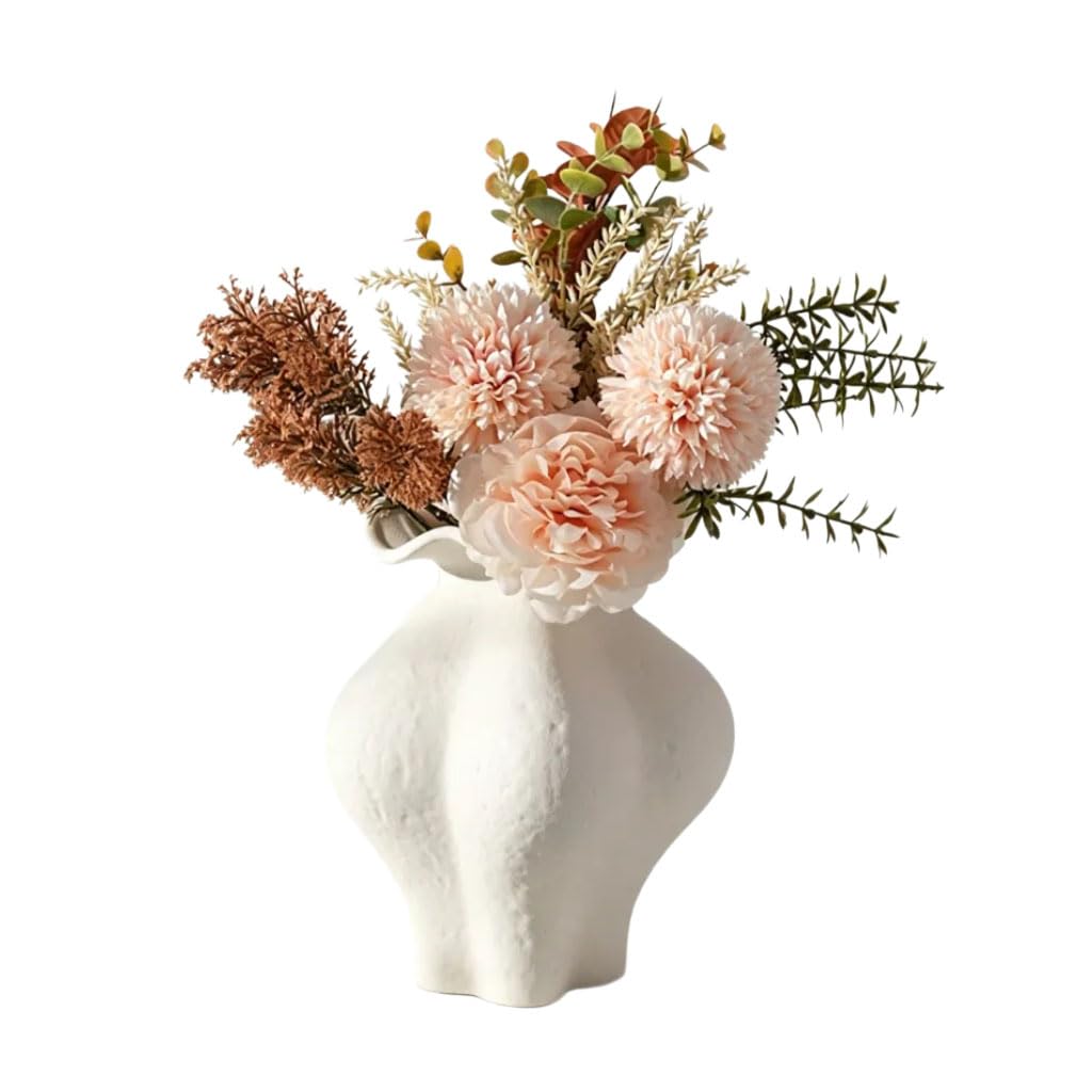HRGKLMN Vase Ceramic Abstract Ceramic Vase with Wavy Rim, Wabi-Sabi Flower Vase for Artificial Plants and Dried Flowers, Vases as a Gift,White,C