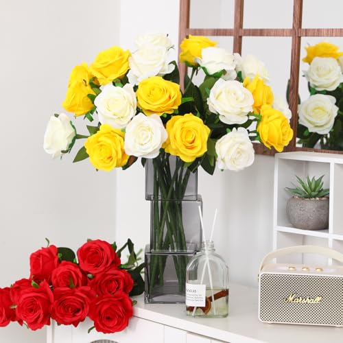 JUSTOYOU 20 PCS Rose Artificial Flower,Double Colour Silk Blooming Rose with Stem,Artificial Rose Bouquet Realistic Flower for Home Table Office Party Wedding Garden Arrangements(yellow and white) - Image 4