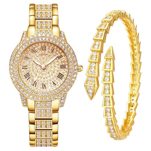 Kchss Gold Watch for Women Interior Full Diamond Bling Rhinestone Iced Out Quartz Crystal Stainless Steel Ladies Wrist Watch