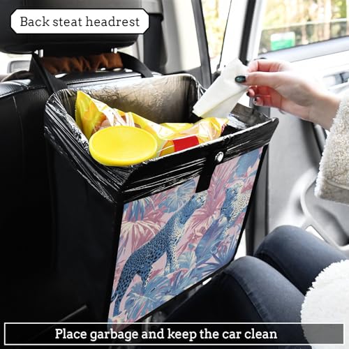 Image of Car Trash Can Organizer Bin with Adjustable Strap for Back Front Seat Console Waterproof Leakproof Collapsible Portable 11 Inch Cute Cheetah and Palm Leaves
