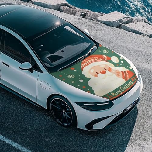 Image of Santa Claus Print Car Hood Cover Stretch Polyester Fabric Cover for Car Hood Removable Car Hood Protector Easy Installation for Car Hood Decoration and Protection