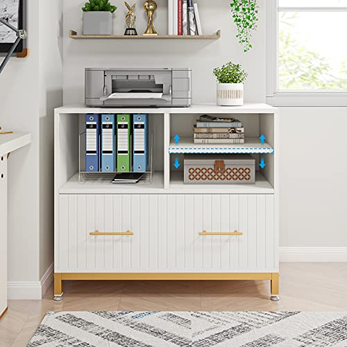Tribesigns Lateral File Cabinet with Drawer, White Filing Cabinet with Adjustable Hanging Rod for Letter/Letter/A4 Size Files, 35.4" Wood Modern Printer Stand with Open Storage Spaces for Home Office