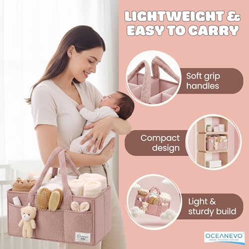 Image of OCEANEVO Fur Diaper Caddy Organizer Bag | WITH Diaper Changing Mat, Bag Charm and Luggage Tag | New Born Baby Essentials | For Mothers for Travel - 38 x 25 x 18 cm - Pink - 1 Year Warranty