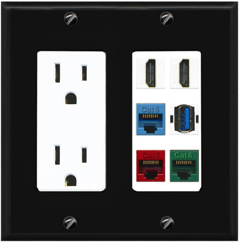 RiteAV 2 HDMI 3 Cat6 Ethernet USB3 Mixed Color Wall Plate - Outlet [Black/Black]