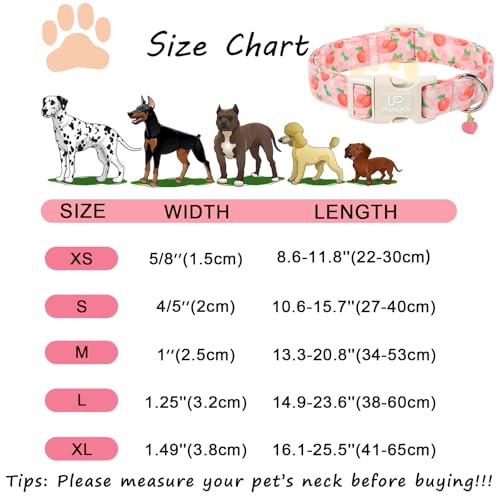 Image of Peach Dog Collar, Summer Spring Cotton Dog Collar, Cute Fruit Pattern Adjustable Pink Pet Collar, Lightweight Durable Quick Release Buckle with Charm for Female Dogs
