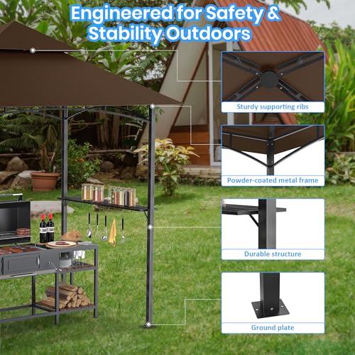 GVDV 8x5FT Grill Gazebo - Outdoor BBQ Canopy Shelter with 2 Side Shelves & Double-Tiered Top for Patio Backyard Grilling, Brown - Image 3