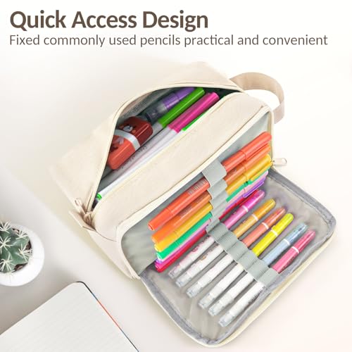 Image of Sooez Original High Capacity Pencil Case, Big Pencil Bag Pouch Box Organizer Pen Case, Aesthetic Supply for Girls Adults, Portable Journaling Supplies with Easy Grip Handle & Loop, Beige