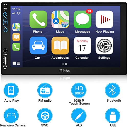Hieha Auto Play Car Stereo, 7 inch Double Din Standard Universal Touch Screen in-Dash Car Radio Receiver, MP5 Player with Bluetooth, Rear View Camera, Steering Wheel Controls