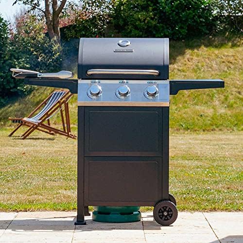 Cookology Outdoor BBQ - 3 Burner Gas BBQ, with Cooking Grills, with Warming Rack, Side Shelves and Wheels - Black, Steel and Chrome (Kentucky (NO Side Burner))