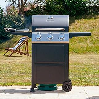 Cookology Outdoor BBQ - 3 Burner Gas BBQ, with Cooking Grills, with Warming Rack, Side Shelves and Wheels - Black, Steel and Chrome (Kentucky (NO Side Burner))