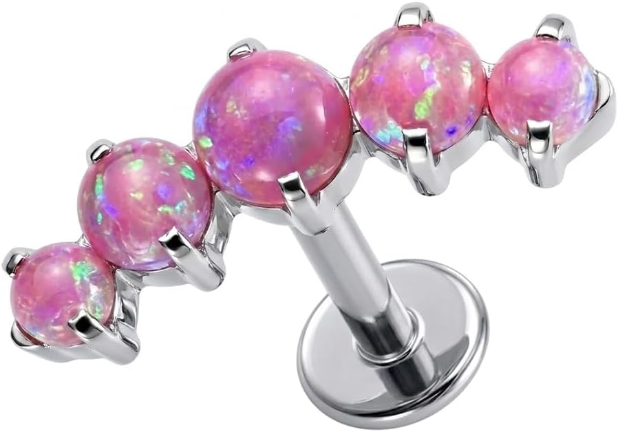 G23 Grade Titanium Five White, Pink, Blue Opal Stone Balls Top Push Fit 16 Gauge & 18 Gauge Lip Labret - Tragus Bar Piercing - Labret Stud Helix - Tragus Piercing Jewelry