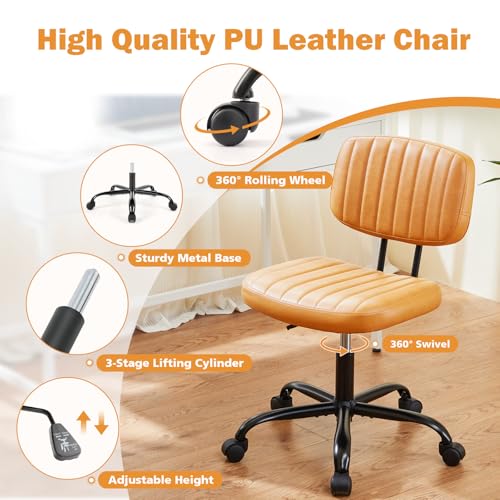 Image of Sweetcrispy Office Desk Chair, Small Home Vanity Chair, Lumbar Support | Armless PU Leather, Height Adjustable Rolling Swivel Task, Bedroom Home Student, Brown
