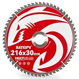 BATIOPV Lama per Sega Circolare 216 x 20 mm – Multi Materiale per Metallo (acciaio dolce, ferro, alluminio, tubi metallici), Legno e Plastica – 60 Denti TCT – Compatibile con Bosch, Makita, DeWalt
