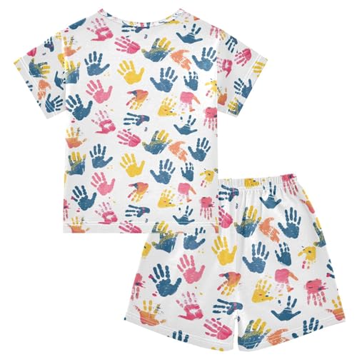 ALAZA Colorful Handprint Paw Print Pajamas Set Short Sleeve Cotton Sleepwear Summer Pjs 2 Piece 5-14Y2