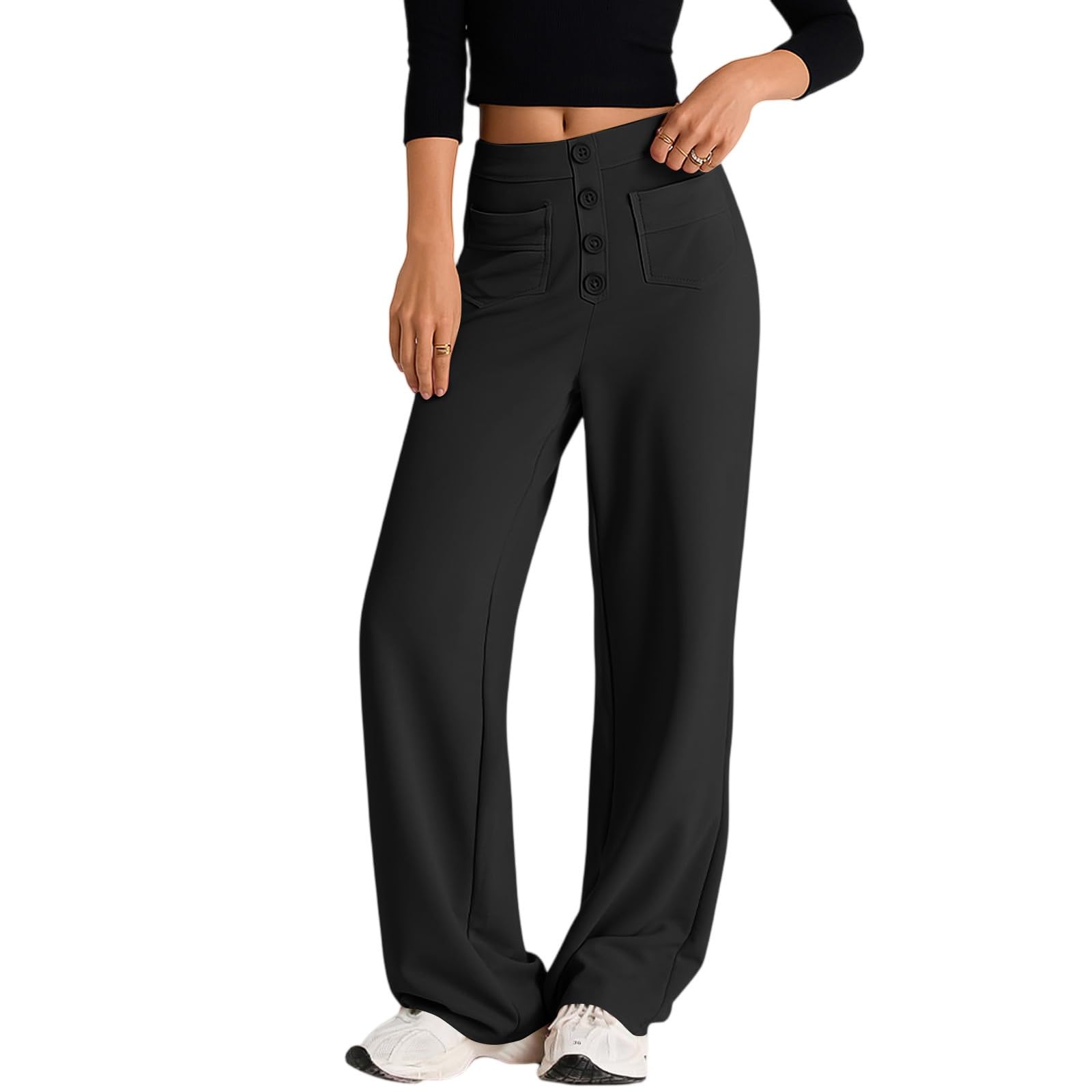 Womens Dressy Casual Dress Pants Early Fall Fashion High Waist Button Stretchy Work Pant Straight Leg Office Trousers