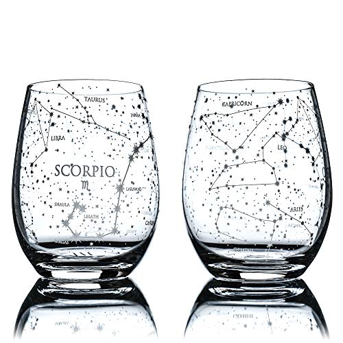 Greenline Goods Scorpio Stemless Wine Glasses Zodiac Scorpio Set Hand Etched 15 oz (Set of 2) - Astrology Sign Glassware
