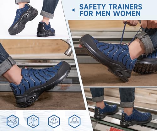 LARNMERN Arbeitsschuhe Damen Herren Sicherheitsschuhe Leichte Komfort Schutzschuhe Stahlkappenschuhe Atmungsaktive Luftkissen Dämpfung Schuhe Arbeit Pannensichere (Marine blau,36EU)