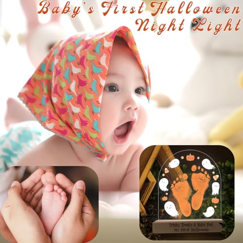 Image of DIY My First Halloween Footprint or Handprint Art Signs, Baby First Halloween Night Light, Kids Crafts Memory Keepsake Tricks, Treats, Feet Milestone Announcement Nursery Baby Boy or Girl's Bedroom