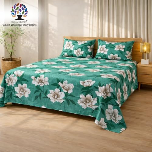 Image of Dream Living Printed Double Bedsheet with 2 Pillow Covers |110 GSM | 220x240 Cm | Teal