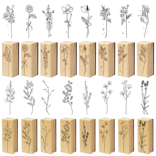 Rebanky 16 Piezas Sellos Madera Scrapbooking de Flores y Plantas Sellos Caucho Vintage sellos Madera Manualidades para Scrapbooking, Diario,Tarjeta