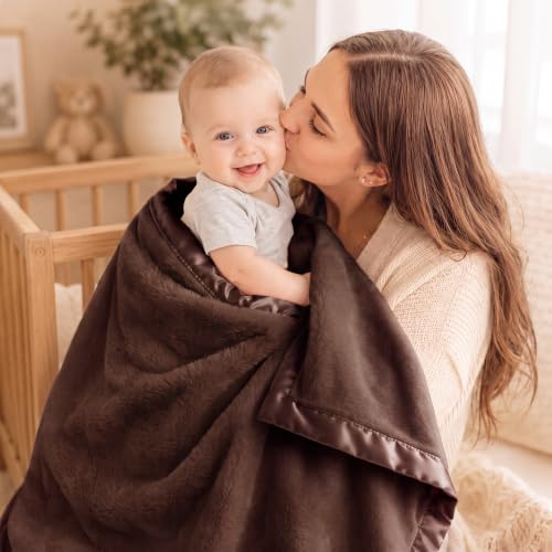 Image of Pro Goleem Fleece Baby Blanket with 2 Inch Satin Trim Soft Anti-Static Plush Blanket for Boys and Girls Christmas Baby Gifts for Babies 30''x40'',Brown